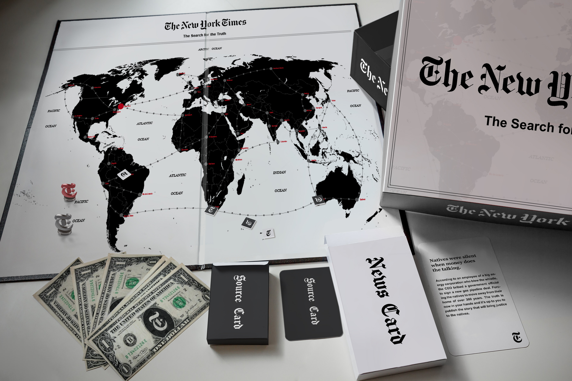 Mockup of the board game set of The New York Times: The Search for the truth