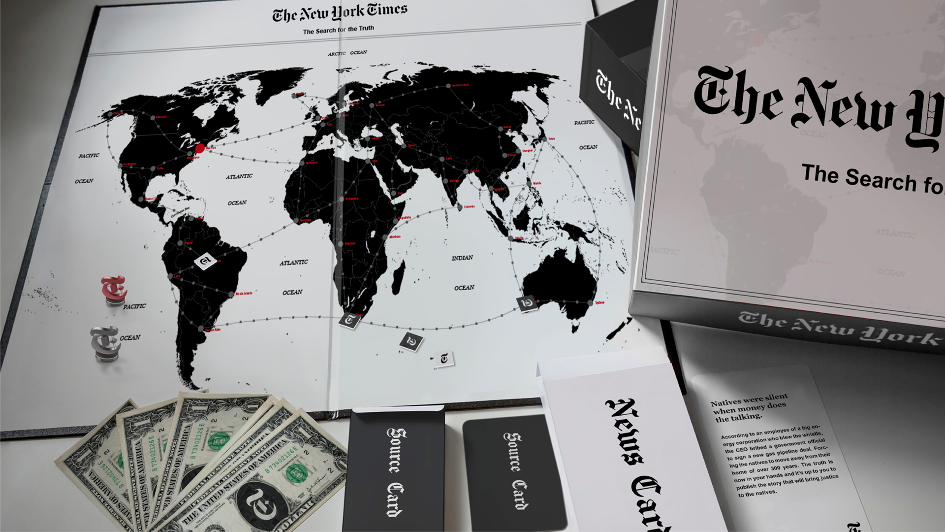 Mockup of the board game set of The New York Times: The Search for the truth